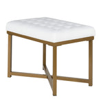 Benzara Metal Framed Bench with Button Tufted Velvet Upholstered Seat, White and Gold
