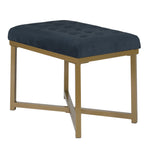Benzara Metal Framed Bench with Button Tufted Velvet Upholstered Seat, Dark Blue and Gold