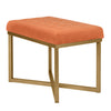 Benzara Metal Framed Bench with Button Tufted Velvet Upholstered Seat, Orange and Gold