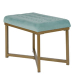 Benzara Metal Framed Bench with Button Tufted Velvet Upholstered Seat, Teal Blue and Gold