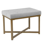 Benzara Metal Framed Ottoman with Button Tufted Velvet Upholstered Seat, Light Gray and Gold