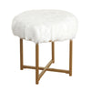 Benzara Round Faux Fur Upholstered Stool with X Shape Metal Base, White and Gold