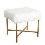 Benzara Square Faux Fur Upholstered Stool with Tubular Metal Legs and X Shape Base, White and Gold