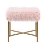 Benzara Square Faux Fur Upholstered Ottoman with Tubular Metal Legs and X Shape Base, Pink and Gold