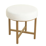 Benzara Round Shape Metal Framed Stool with Velvet Upholstered Seat, White and Gold