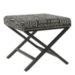 Benzara Tribal Pattern Fabric Upholstered Ottoman with X Shape Metal Legs, Black and Cream