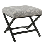 Benzara Geometric Pattern Fabric Upholstered Ottoman with X Shape Metal Legs, Gray and Cream