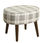 Benzara Plaid Pattern Fabric Upholstered Oval Stool with Wooden Tapered Legs, Black and White