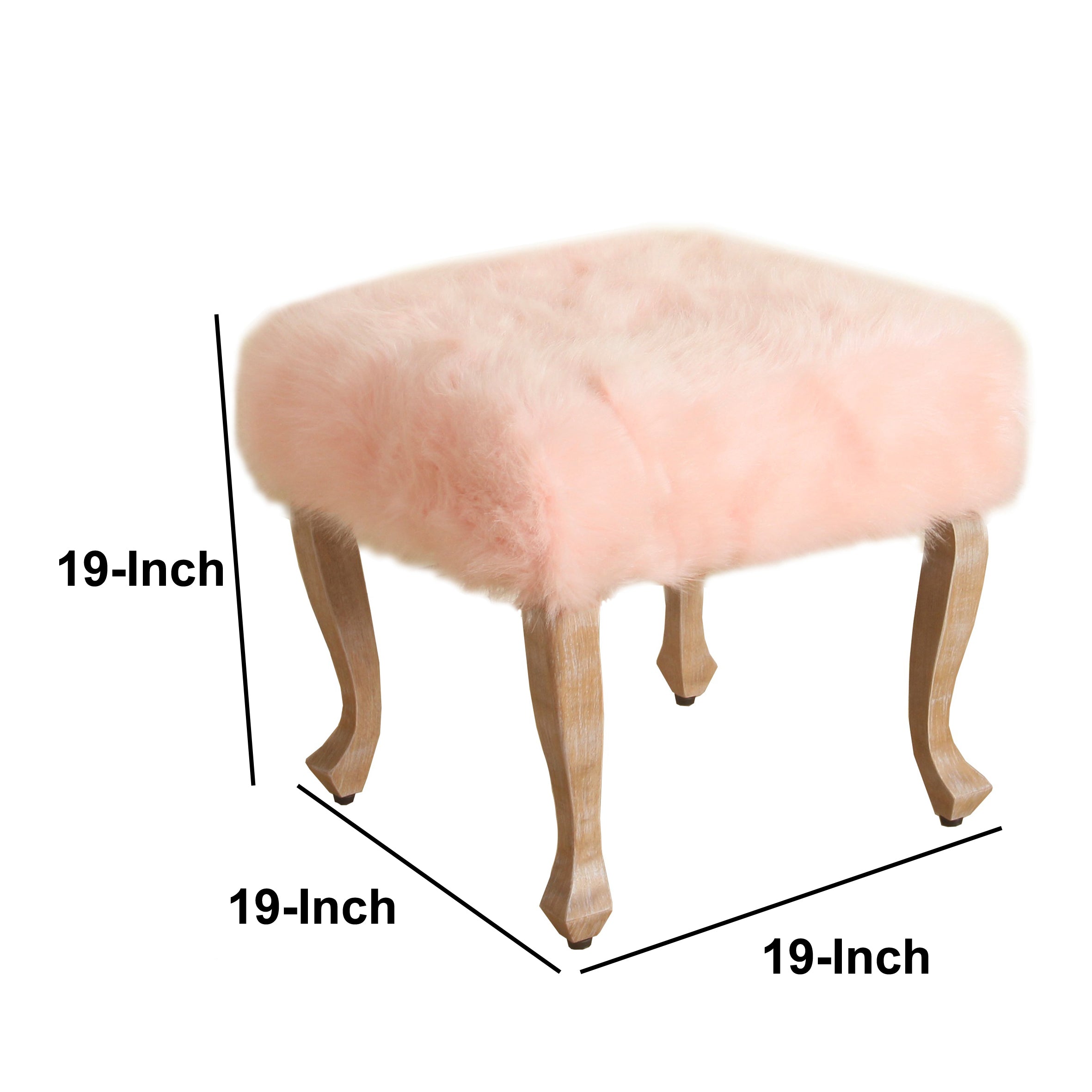 Faux Fur Round Footstool- Soft Compact Padded Seat with 4 Wooden Legs Ottoman-Pink