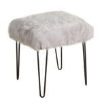 Benzara Metal Framed Stool with Faux Fur Upholstered Seat and Hairpin Legs, Gray and Black