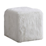 Benzara Faux Fur Upholstered Wooden Ottoman in Cube Shape, White