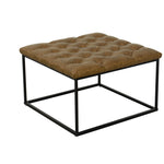 Benzara Metal Framed Ottoman with Faux Leather Upholstered Button Tufted Seat, Brown and Black