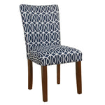 Benzara Trellis Patterned Fabric Upholstered Parsons Chair with Wooden Legs, Blue and White,