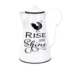 Benzara Iron Pitcher with a Rooster Graphic Design and Rise and Shine Text, White and Black