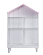 Benzara Hut Shape Wooden Bookcase with Five Spacious Shelves, White and Pink