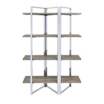 Benzara Geometric Metal Framed Bookshelf with Four Open Wooden Shelves, Brown and Silver