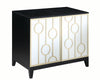 Benzara Wood and Metal Server with Mirrored Doors and Geometric Designs, Black and Gold