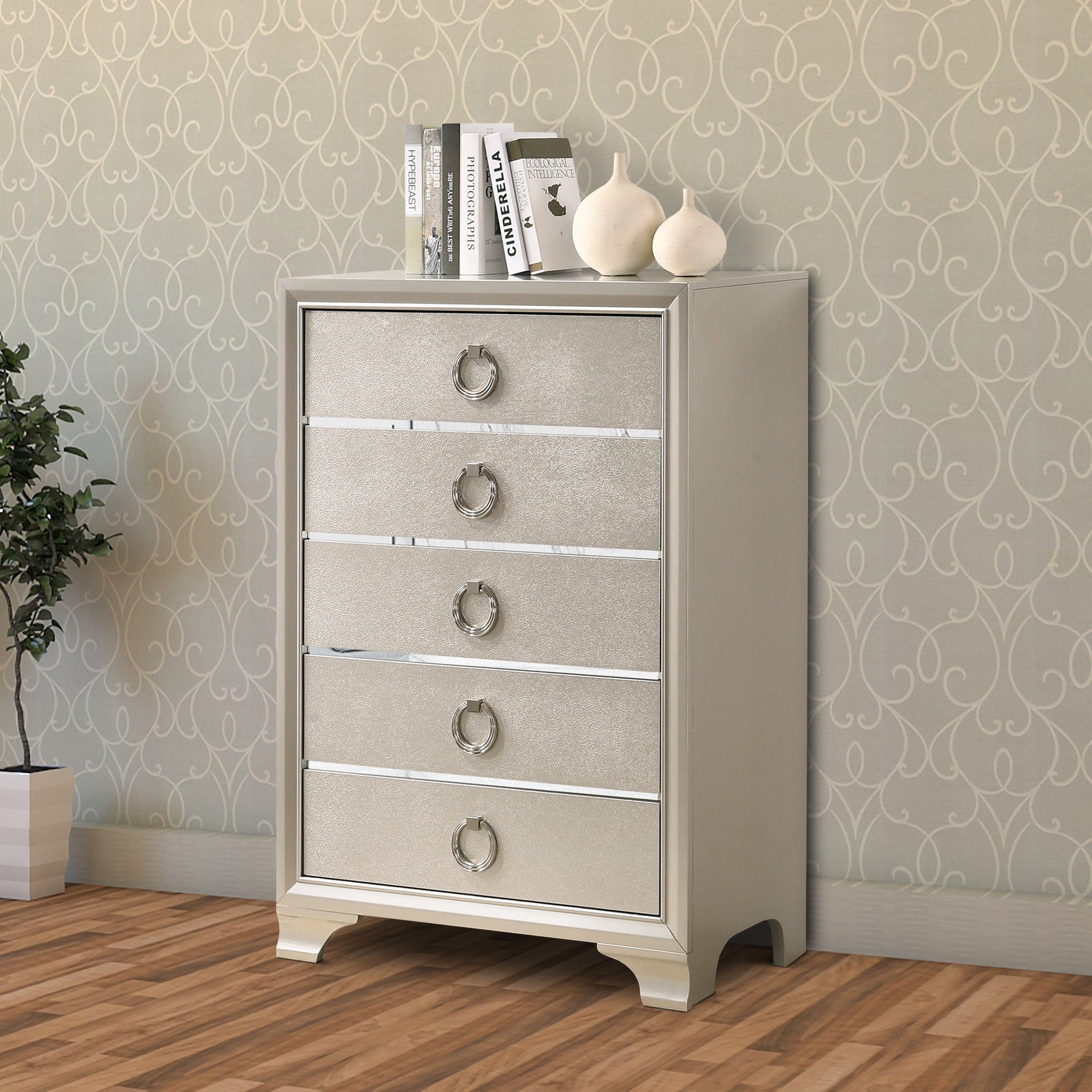 Benzara Five Drawers Wooden Dresser with Oversized Ring Handles, Silve Uber Bazaar Benzara Five Drawers Wooden Dresser with Oversized Ring Handles, Silve Uber Bazaar