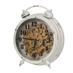 Benzara Classic Metal Table Clock with Gears Front and Distressed Details, White and Gold