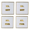 Benzara Decorative Mr. and Ms. Wall Art in Plastic Frame, Small, Set of 4, White and Gold