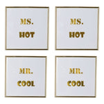 Benzara Decorative Mr. and Ms. Wall Art in Plastic Frame, Small, Set of 4, White and Gold