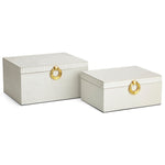 Benzara Wooden Jewellery Boxes Covered in Textured Faux Leather and Metal Handle, White, set of 2