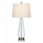 Benzara Glass Table Lamp with Round Shaped Linen Shade and Acrylic Base, Beige and Clear