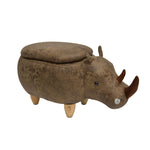 Benzara Rhinoceros Shape Wooden Storage Ottoman with Textured Fabric Upholstery, Brown