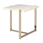 Benzara Modern Style Marbleized Wooden End Table with Tubular Metal Frame, Gold and White