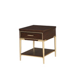 Benzara Metal and Wood End Table with Open Bottom Shelf and Drawer, Brown and Gold