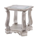 Benzara Antique Wooden End Table with Polyresin Engravings and Glass Top, Silver and Clear