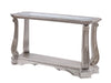 Benzara Antique Sofa Table with Polyresin Engravings and Clear Glass Top, Silver and Clear