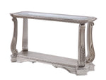 Benzara Antique Sofa Table with Polyresin Engravings and Clear Glass Top, Silver and Clear