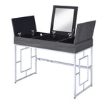 Benzara Wooden Vanity Desk with Three Storage Compartments and Metal Legs, Gray and Silver