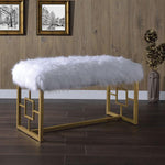 Benzara BM196716 Modern Style Faux Fur Upholstered Bench with Geometrical Side Panels, White & Gold