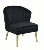 Benzara Velvet Upholstered Accent Chair with Channel Tufted Wingback and Metal Legs, Black and Brass