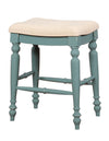 Benzara Saddle Top Wooden Counter Stool with Fabric Upholstery, Blue and Beige