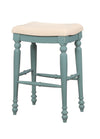 Benzara Saddle Top Wooden Bar Stool with Fabric Upholstery, Blue and Beige
