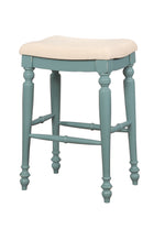 Benzara Saddle Top Wooden Bar Stool with Fabric Upholstery, Blue and Beige