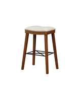 Benzara Fabric Upholstered Wooden Bar Stool with Metal Stretcher, Brown and Beige