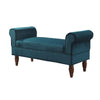 Benzara Velvet Upholstered Wooden Bench with Rolled Armrest, Brown and Blue
