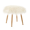Benzara Faux Fur Upholstered Metal Stool with Angled Legs, Gold and Cream