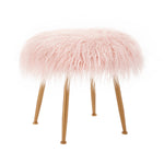 Benzara Faux Fur Upholstered Metal Stool with Angled Legs, Gold and Pink