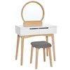 Benzara Wooden Vanity Set with 2 Drawers and Round Mirror, White and Brown