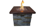 Benzara Square Wood Look Gas Fire Pit with Stone Cladding, Gray and Brown
