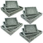 Benzara 3 Piece Mirror Inset Tray Set with Wood Carvings,Assortment of 4,Gray