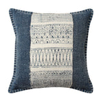 Benzara 18 x 18 Hand Woven Cotton Pillow with Block Print, White and Blue