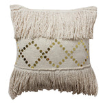 Benzara 18 x 18 Hand Woven Cotton Fringe Pillow with Sequin Details, Beige