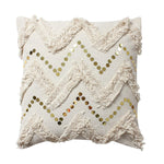 Benzara 18 x 18 Cotton Pillow with Fringe and Sequin Chevron Details, Beige