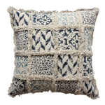 Benzara 18 x 18 Hand Block Printed Cotton Pillow with Fringe Details, Beige and Blue